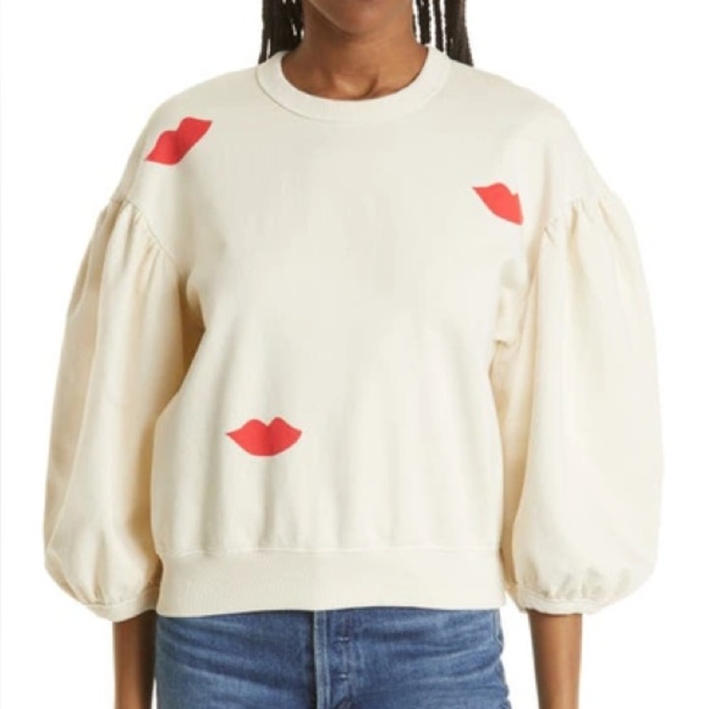 Clare V. Red Lips Print Puff Sleeve Crew Sweatshirt Cream/White SMALL